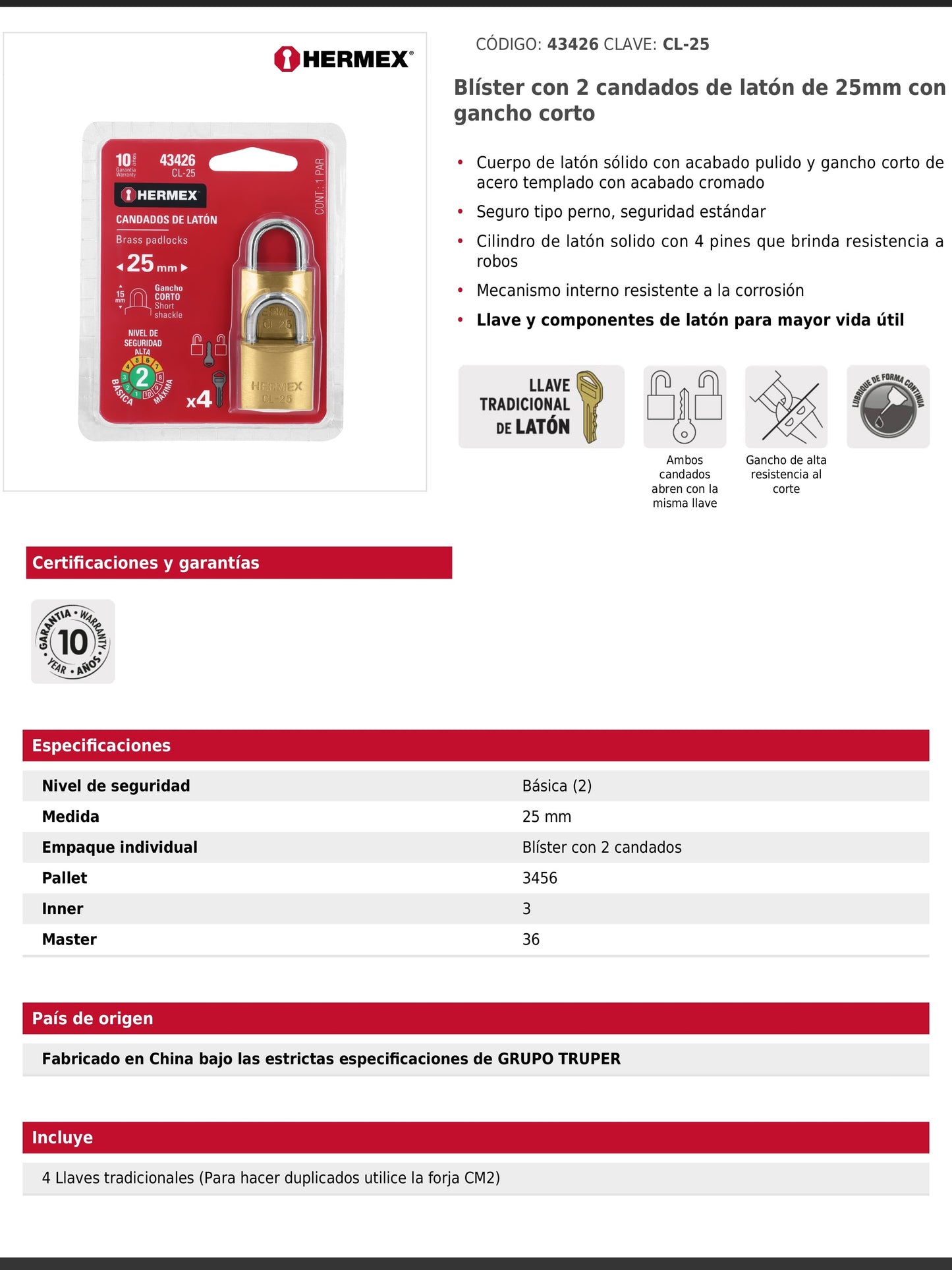 Blíster con 2 candados de latón de 25 mm con gancho corto