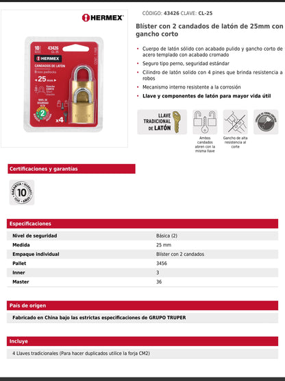 Blíster con 2 candados de latón de 25 mm con gancho corto