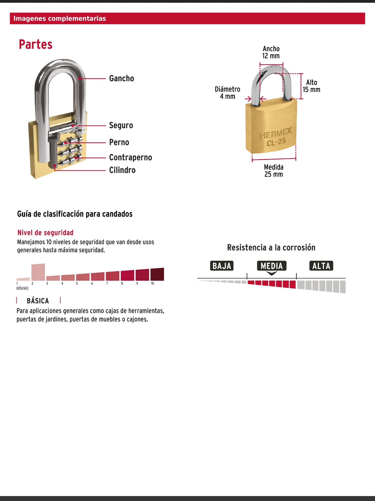 Blíster con 2 candados de latón de 25 mm con gancho corto