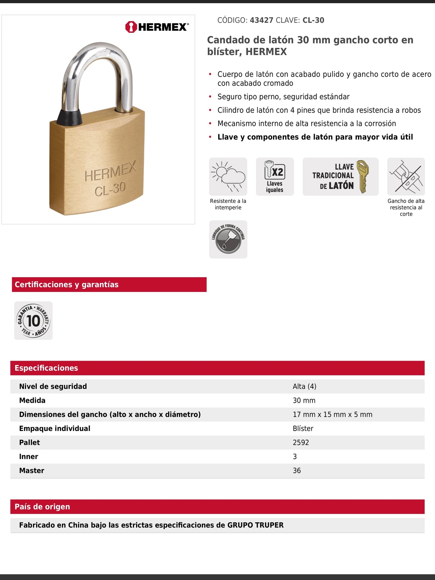 Candado de latón de 30 mm con gancho corto