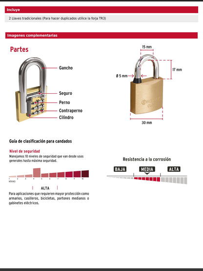 Candado de latón de 30 mm con gancho corto