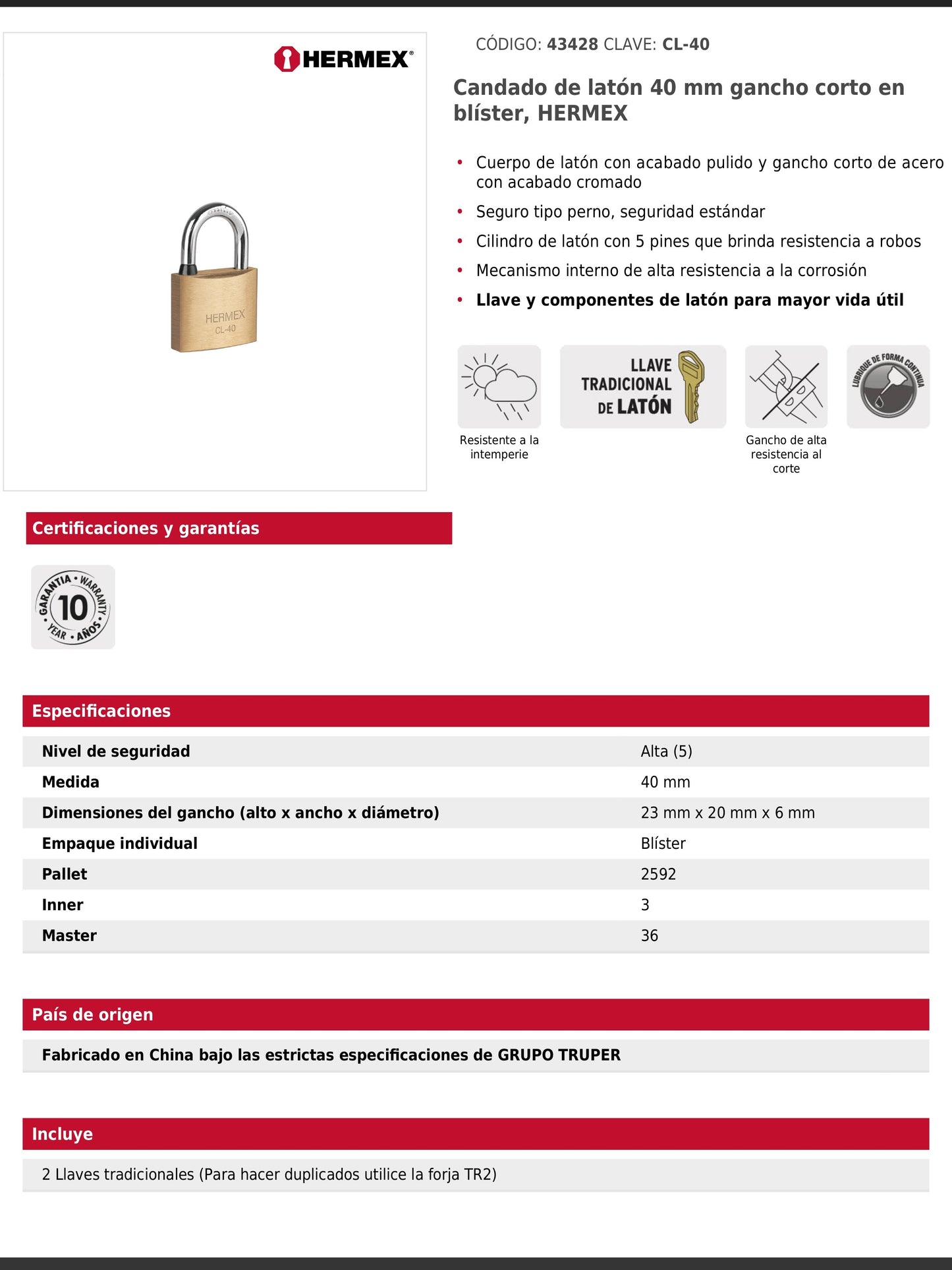 Candado de latón de 40 mm con gancho corto