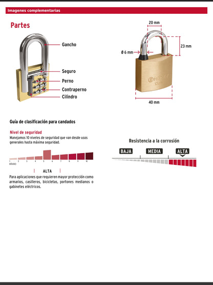 Candado de latón de 40 mm con gancho corto