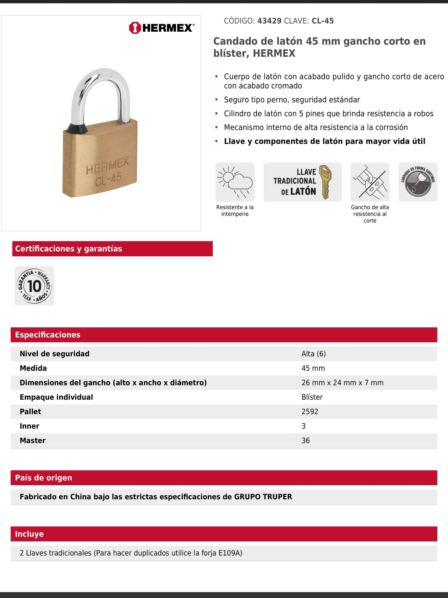 Candado de latón de 45 mm con gancho corto