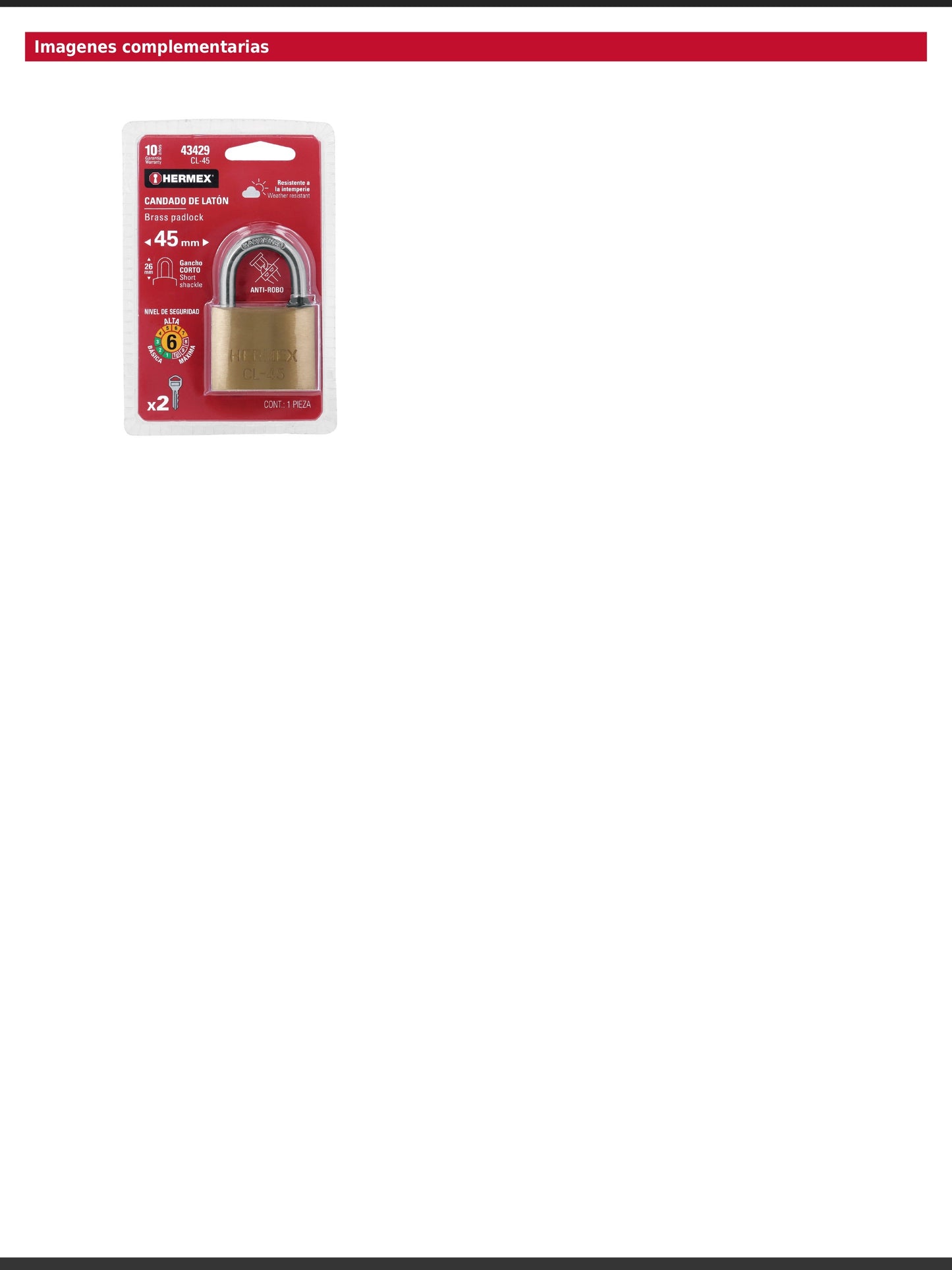 Candado de latón de 45 mm con gancho corto