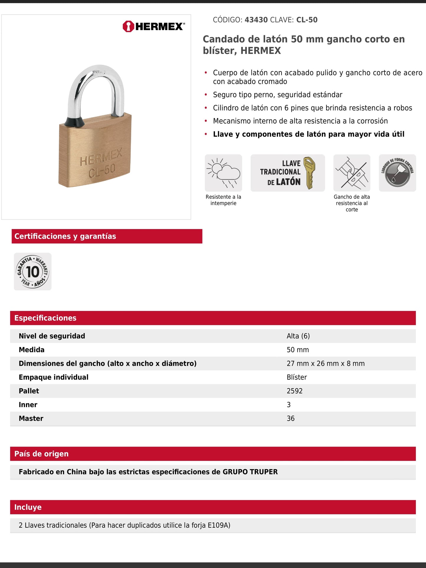 Candado de latón de 50 mm con gancho corto