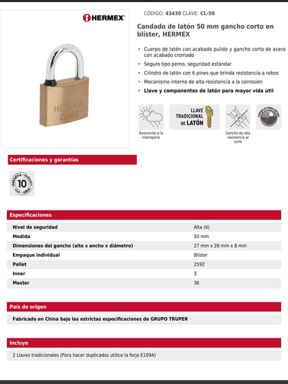 Candado de latón de 50 mm con gancho corto