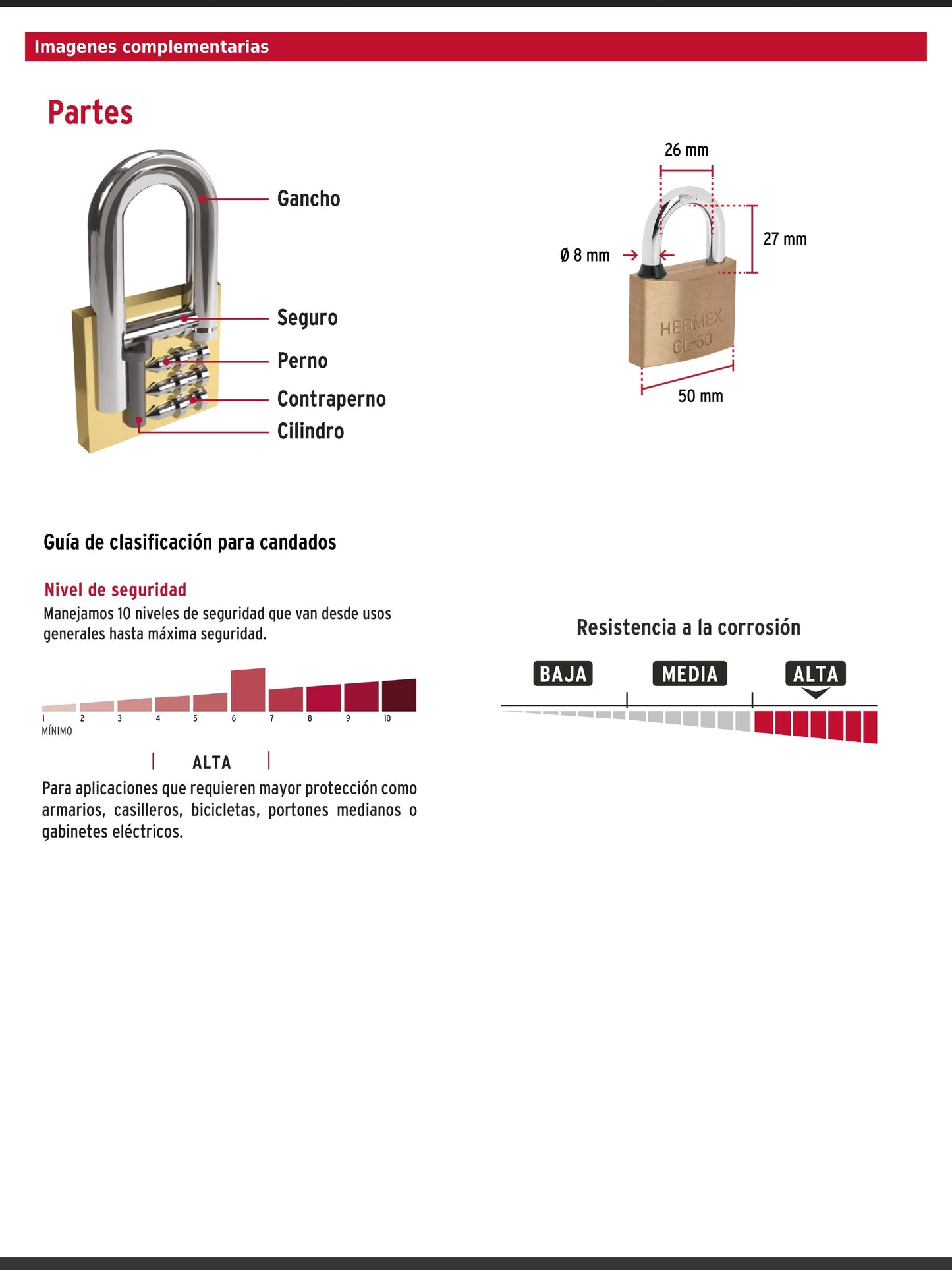 Candado de latón de 50 mm con gancho corto