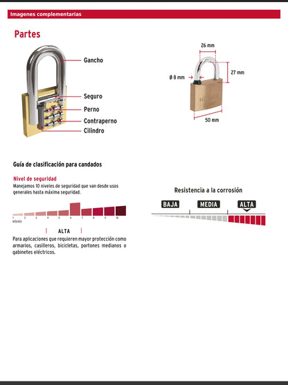 Candado de latón de 50 mm con gancho corto