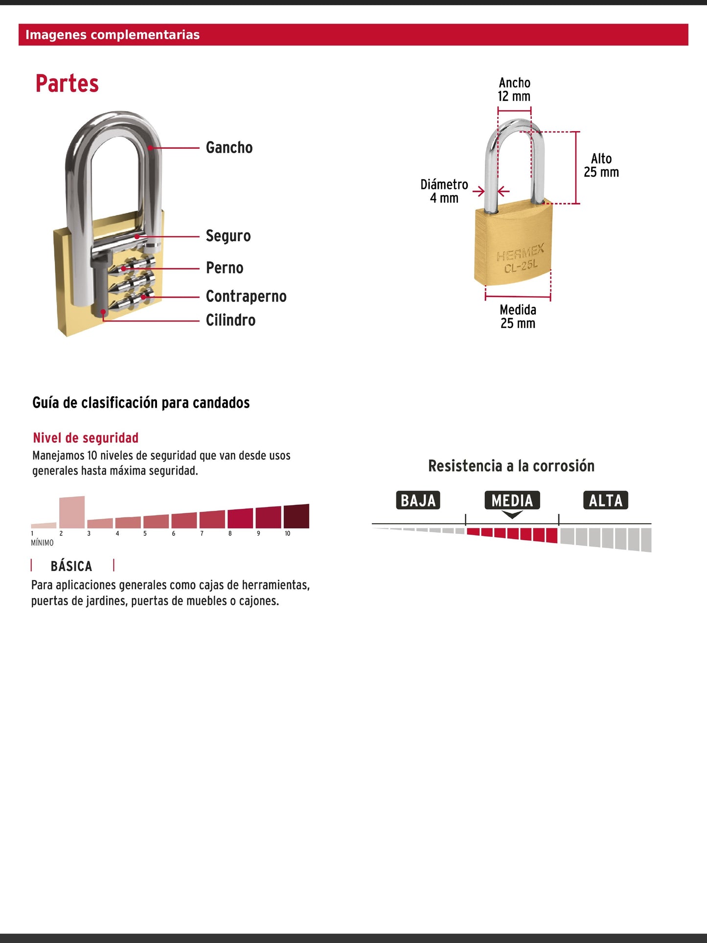 Blíster con 2 candados de latón de 25 mm con gancho largo
