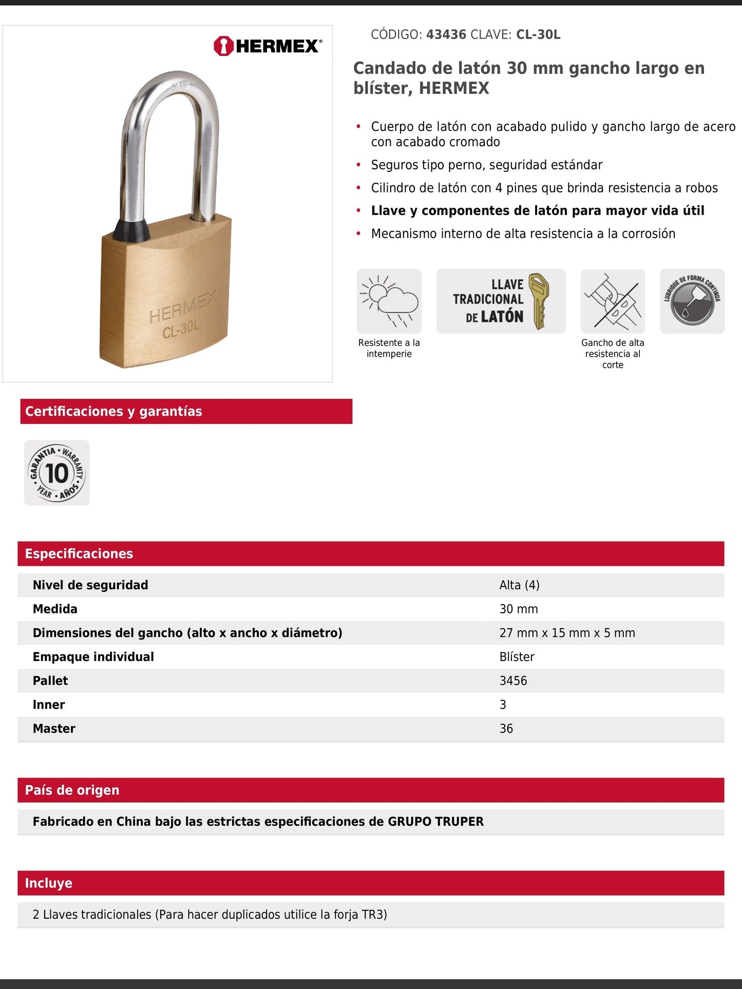 Candado de latón de 30 mm con gancho largo