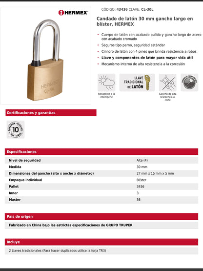 Candado de latón de 30 mm con gancho largo