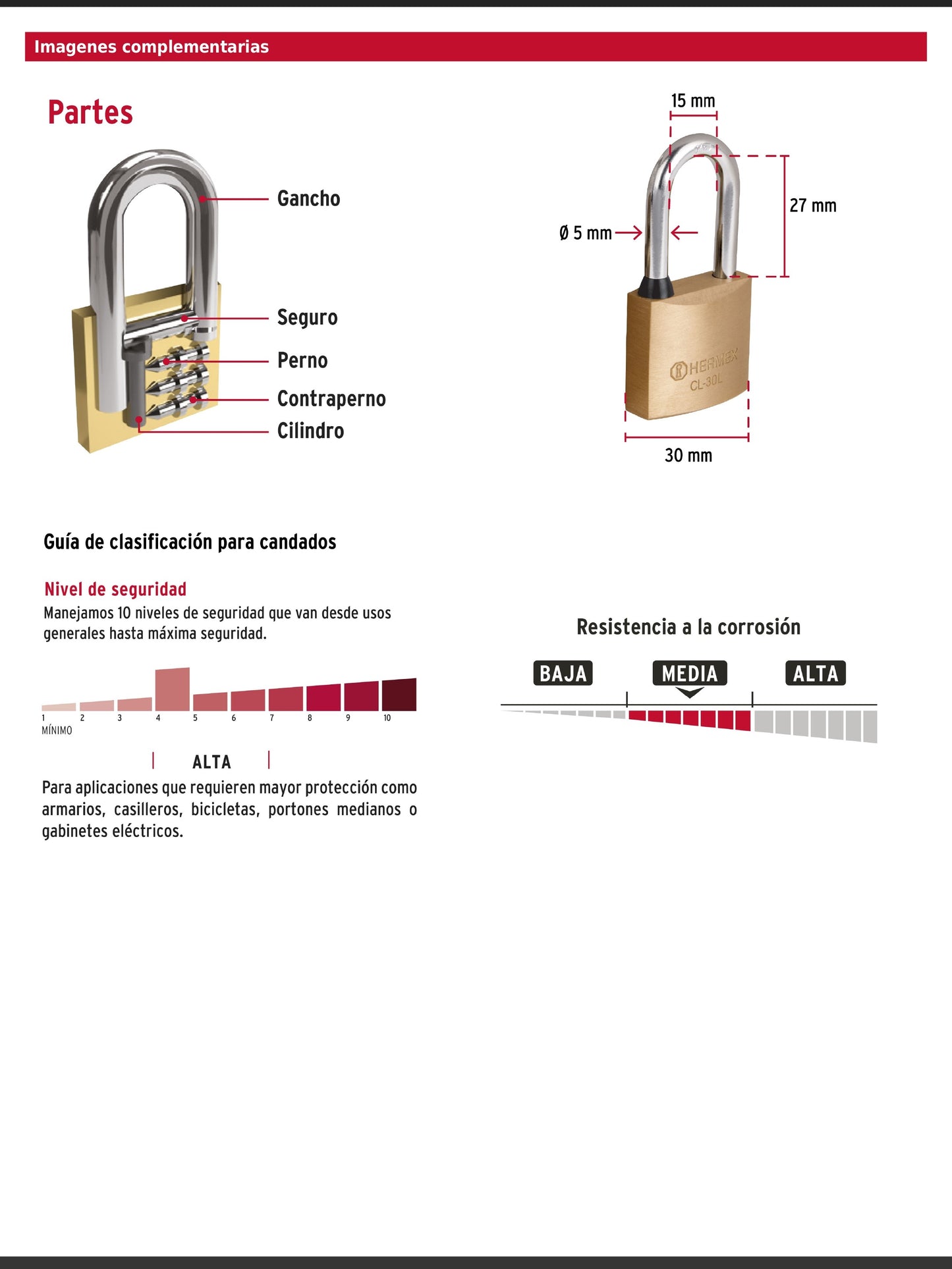 Candado de latón de 30 mm con gancho largo