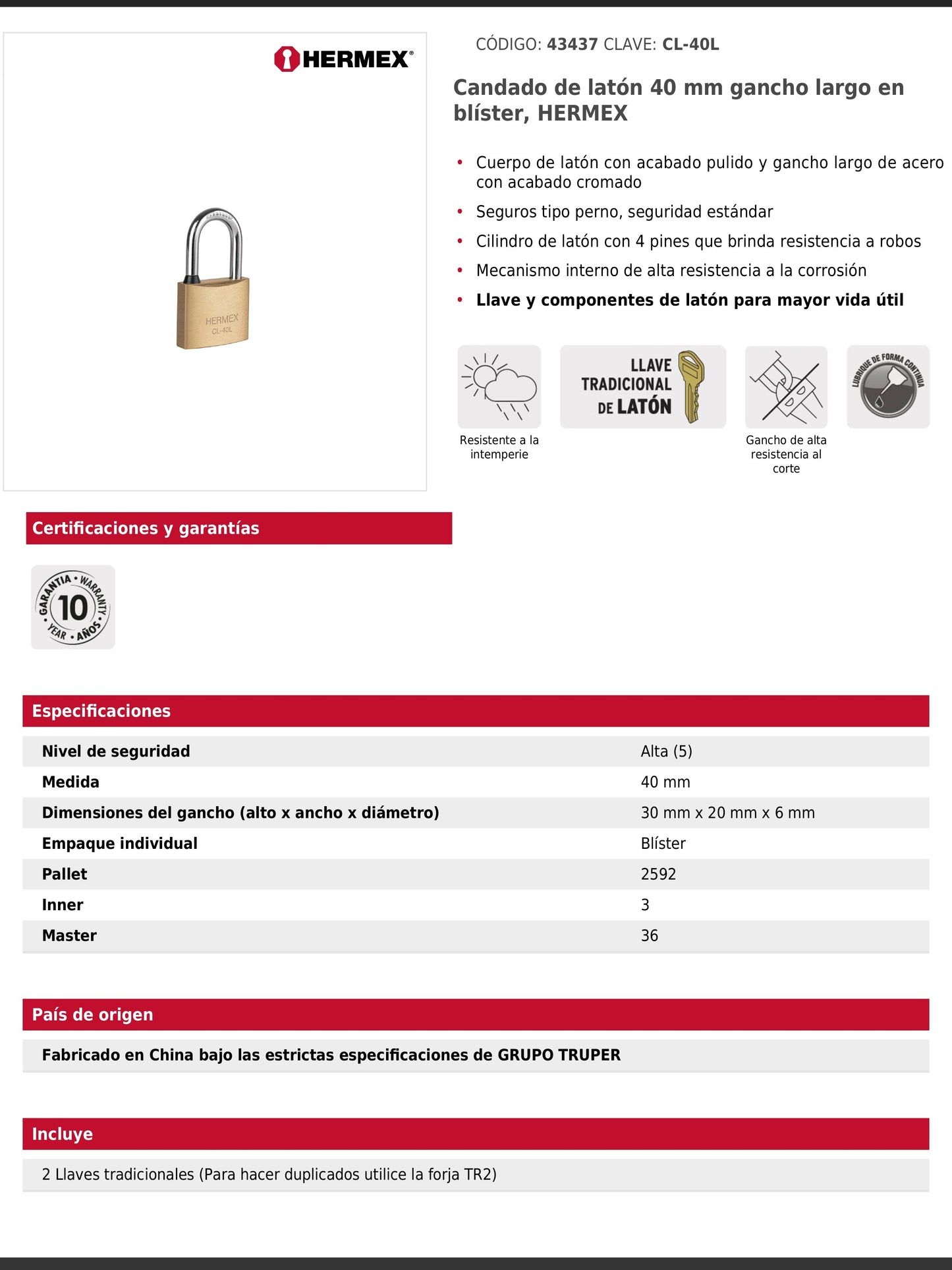 Candado de latón de 40 mm con gancho largo