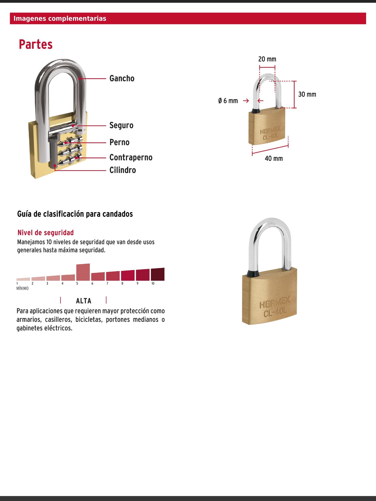 Candado de latón de 40 mm con gancho largo