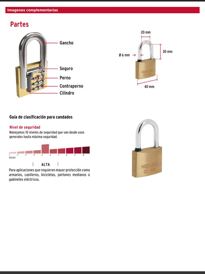 Candado de latón de 40 mm con gancho largo