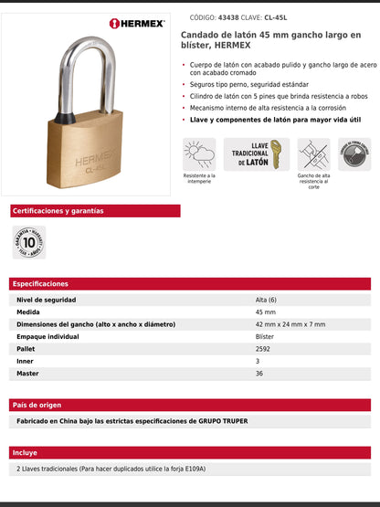 Candado de latón de 45 mm con gancho largo