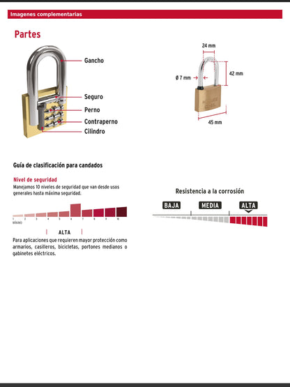 Candado de latón de 45 mm con gancho largo
