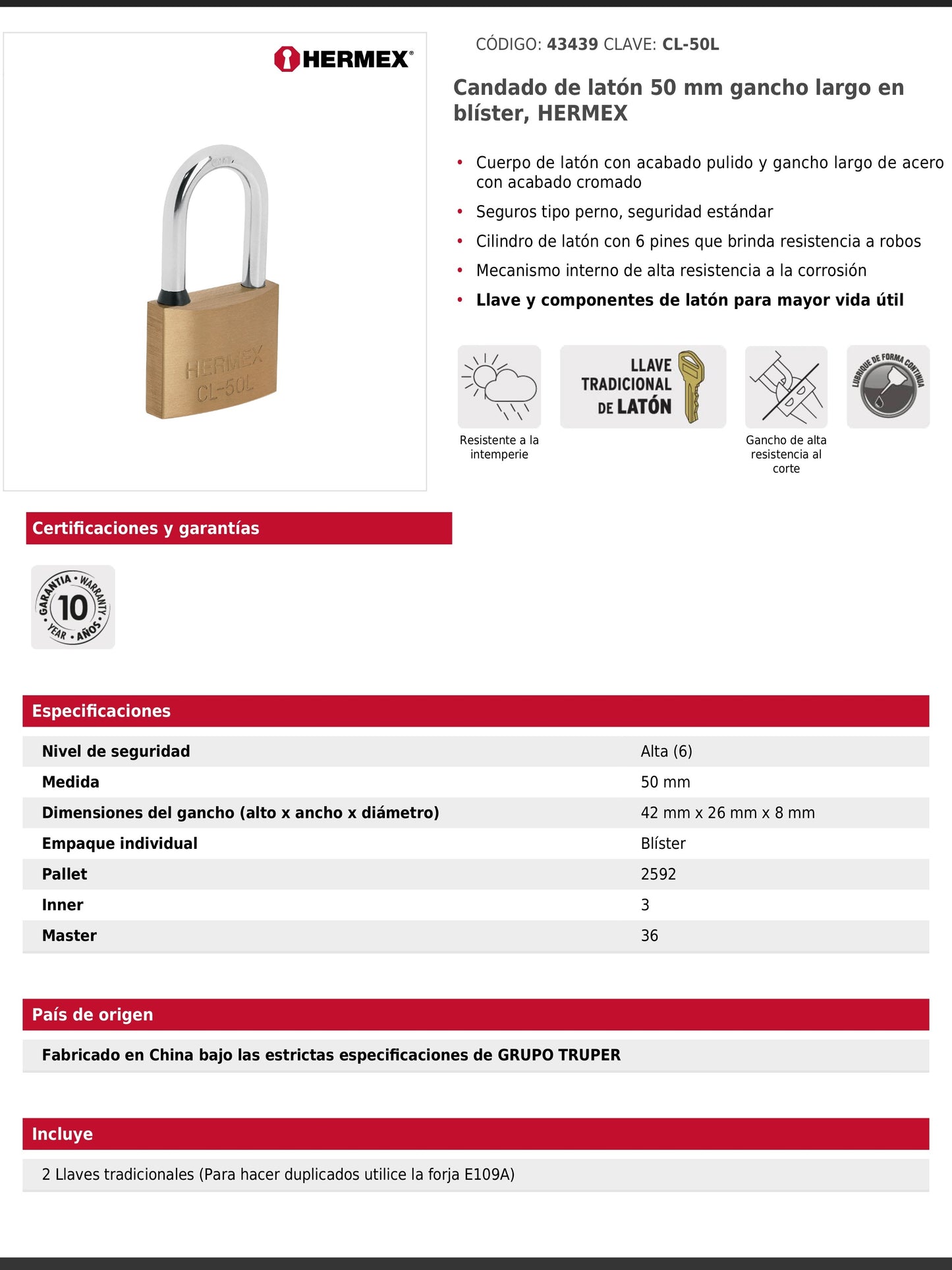 Candado de latón de 50 mm con gancho largo