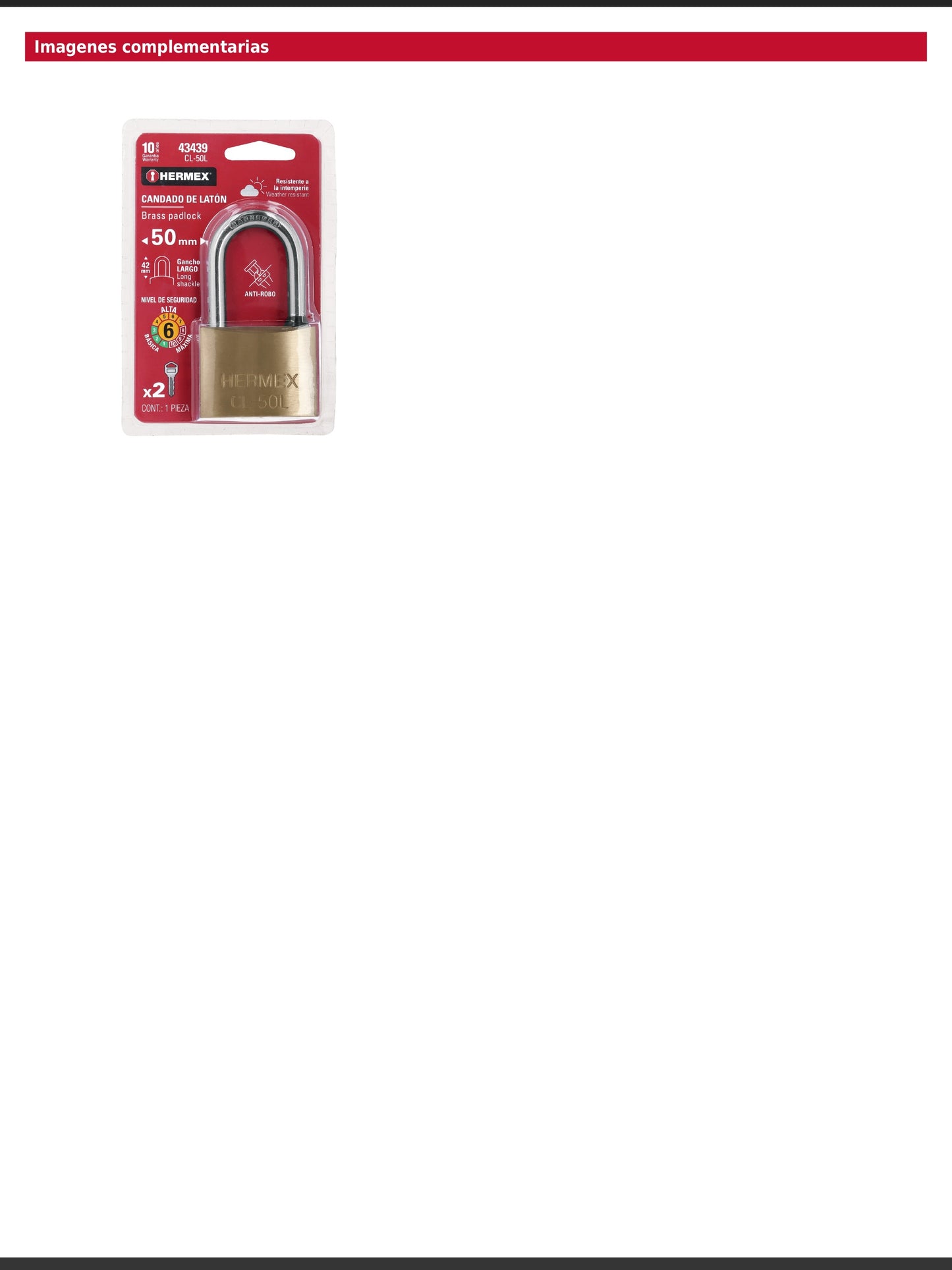 Candado de latón de 50 mm con gancho largo