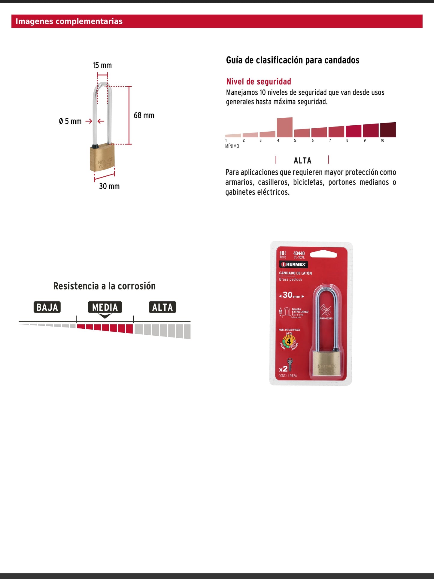 Candado de latón de 30 mm con gancho extra largo