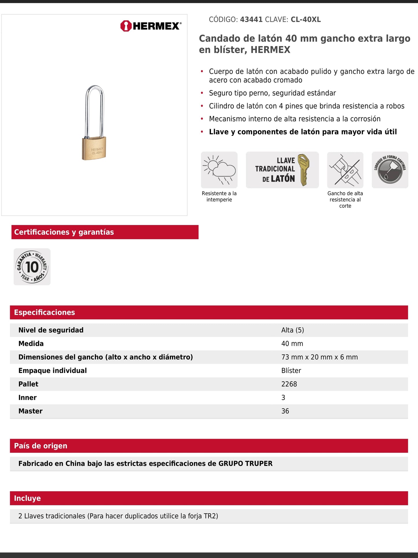 Candado de latón de 40 mm con gancho extra largo