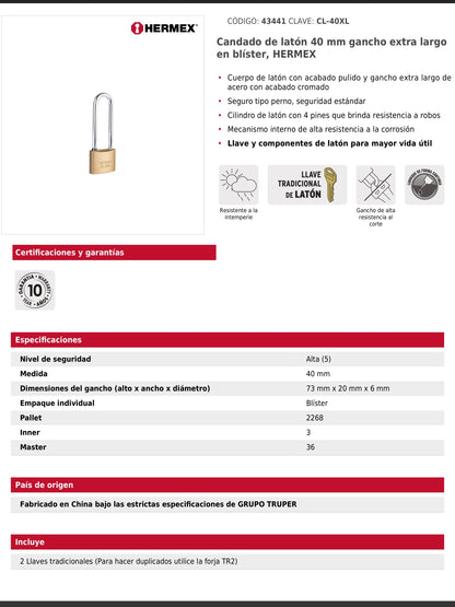 Candado de latón de 40 mm con gancho extra largo