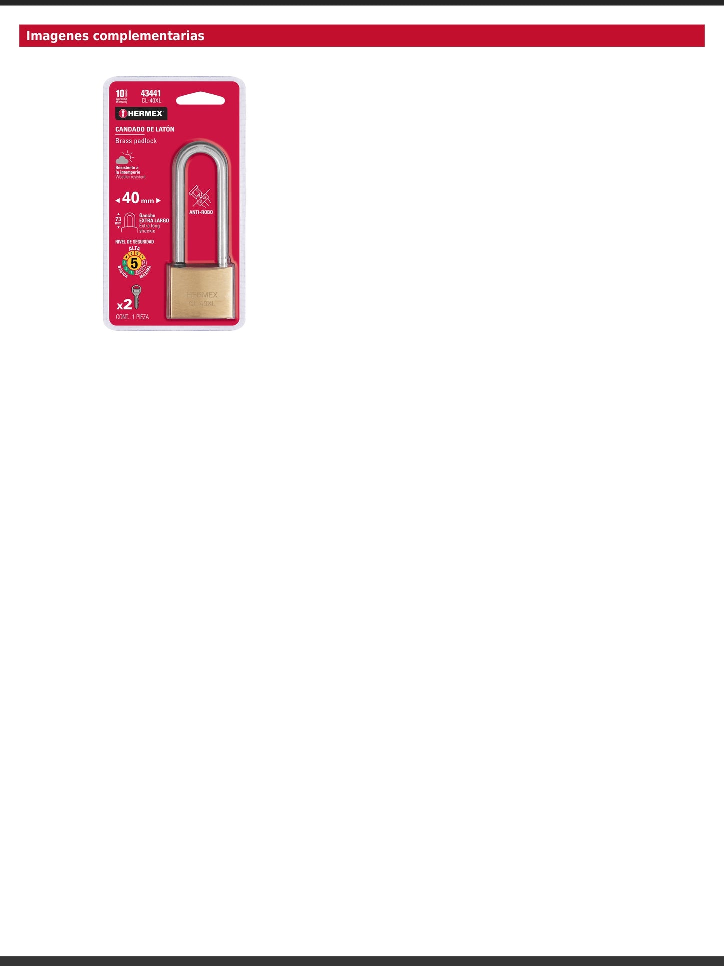 Candado de latón de 40 mm con gancho extra largo