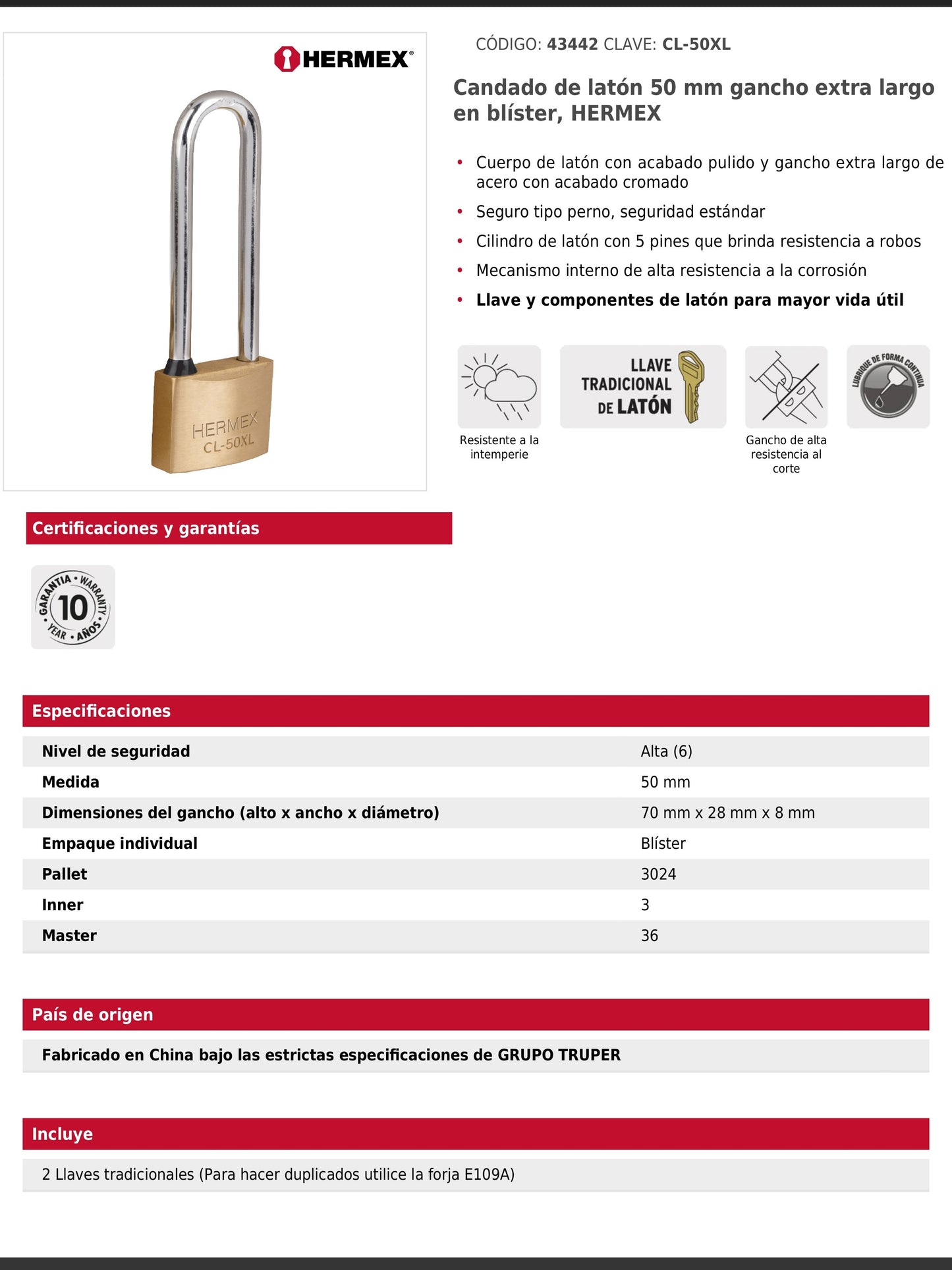 Candado de latón de 50 mm con gancho extra largo