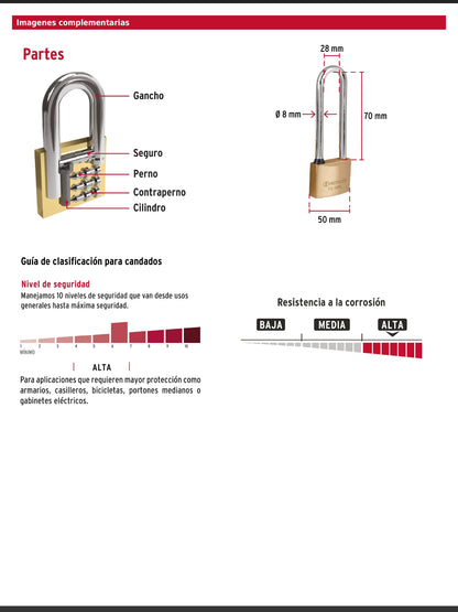 Candado de latón de 50 mm con gancho extra largo
