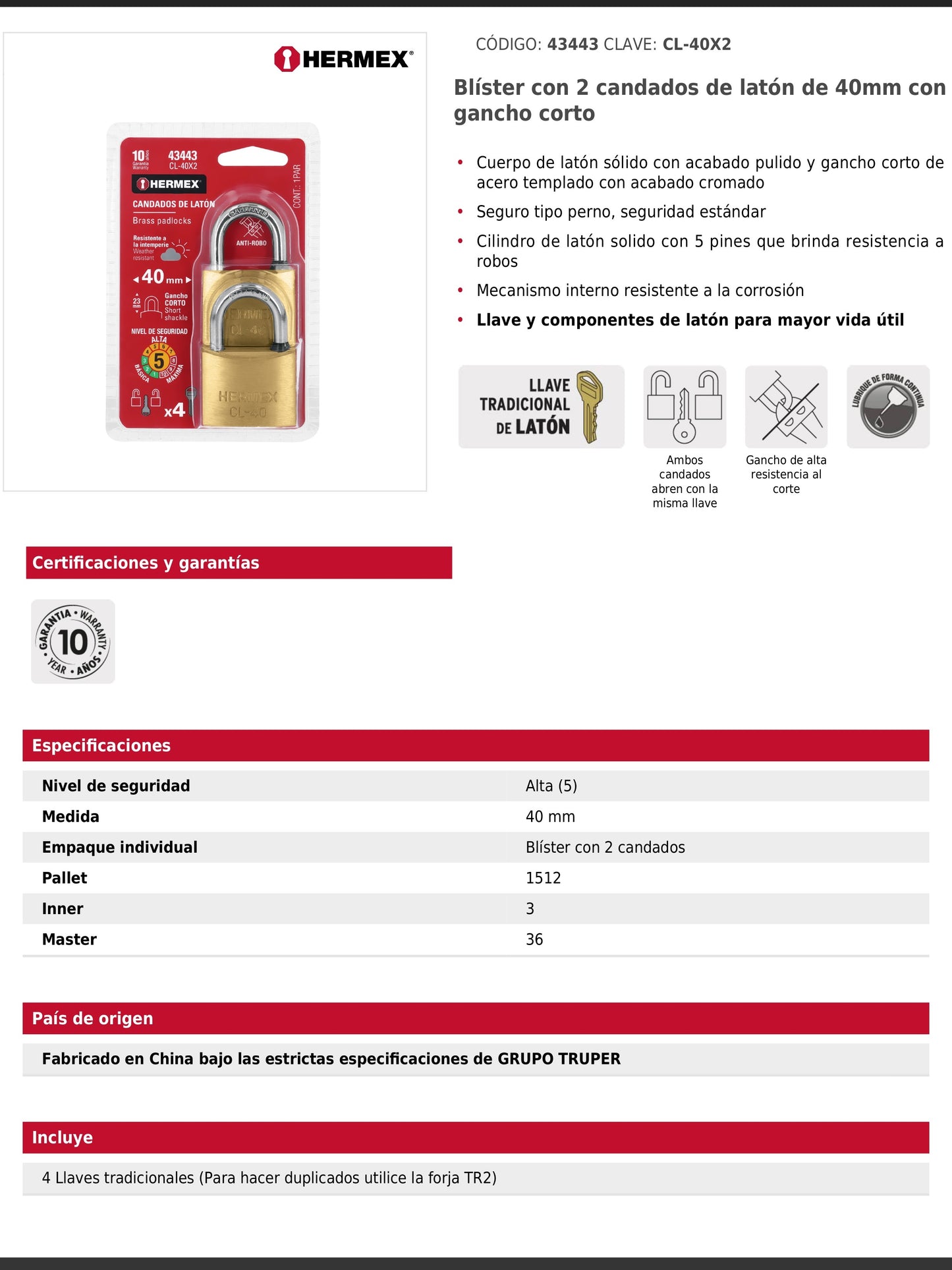 Blíster con 2 candados de latón de 40 mm con gancho corto