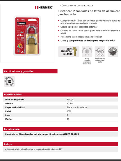 Blíster con 2 candados de latón de 40 mm con gancho corto