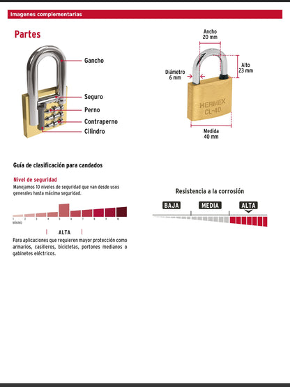 Blíster con 2 candados de latón de 40 mm con gancho corto