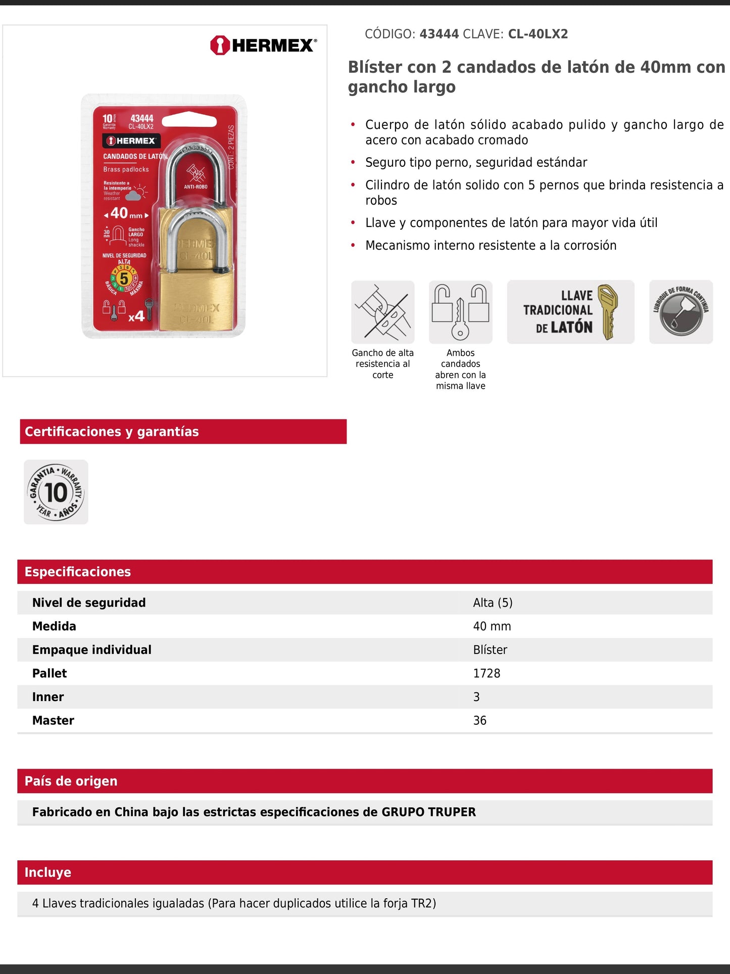Blíster con 2 candados de latón de 40 mm con gancho largo