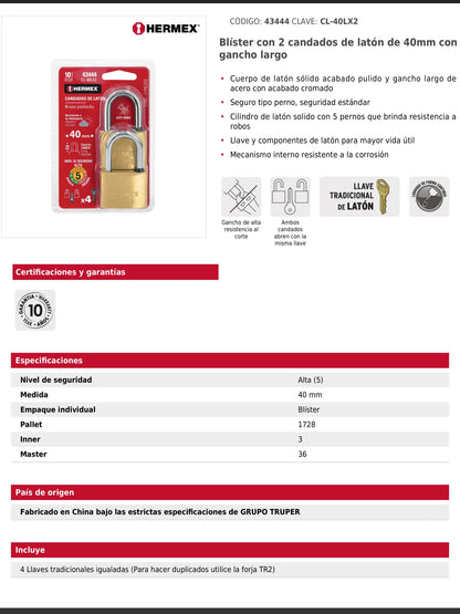 Blíster con 2 candados de latón de 40 mm con gancho largo