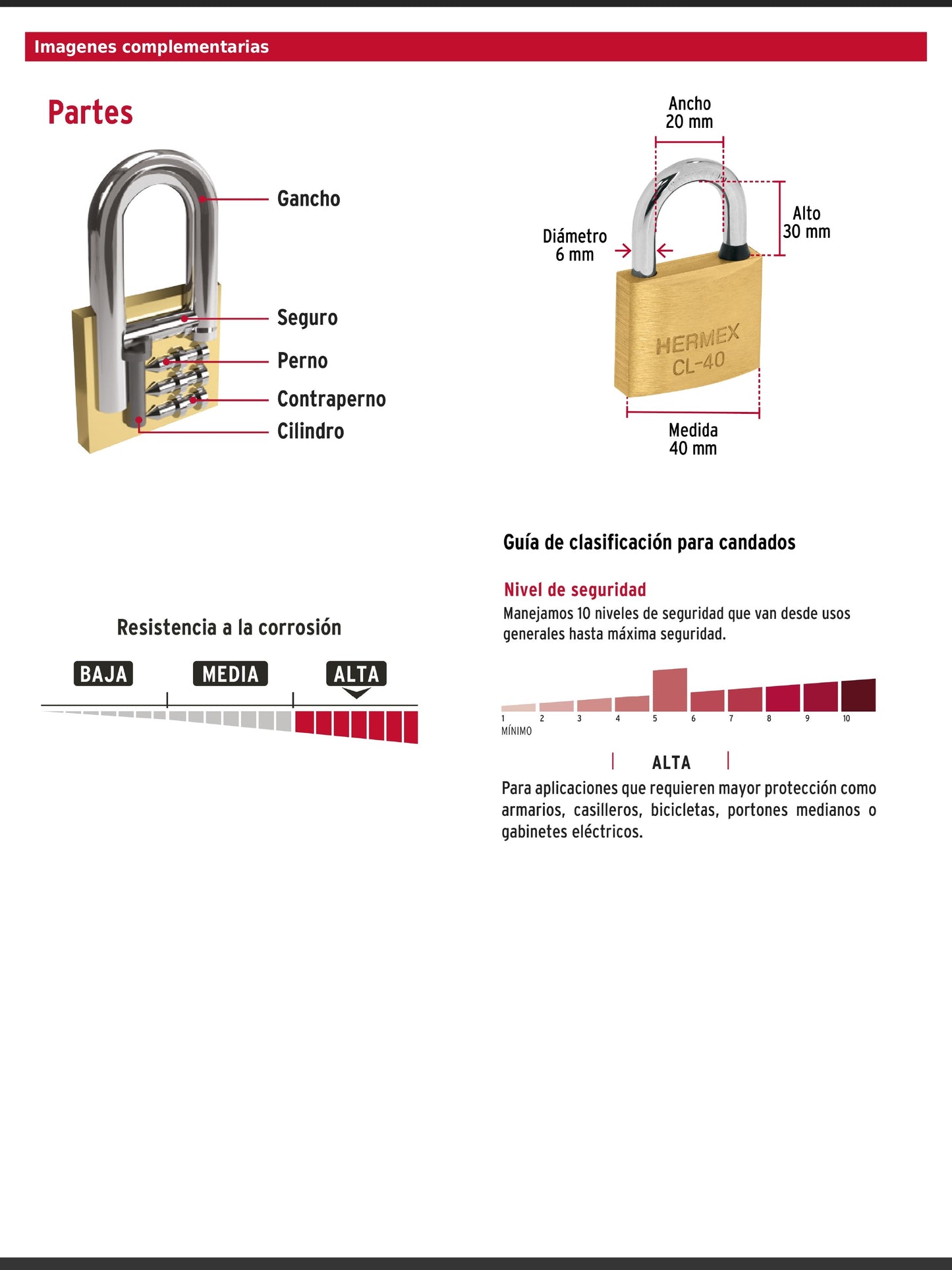Blíster con 2 candados de latón de 40 mm con gancho largo