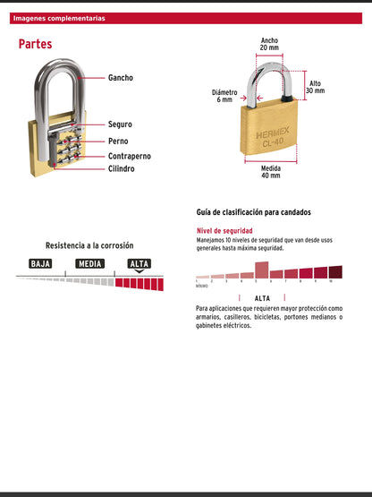 Blíster con 2 candados de latón de 40 mm con gancho largo