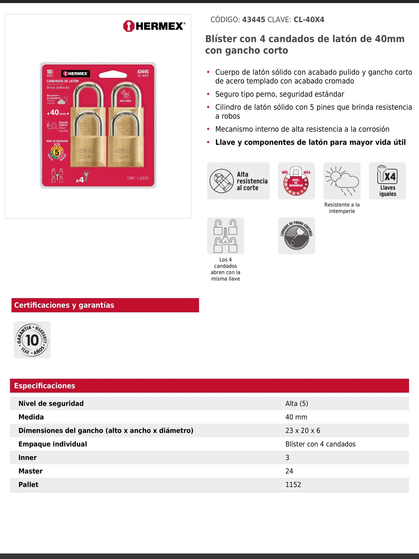 Blíster con 4 candados de latón de 40 mm con gancho corto