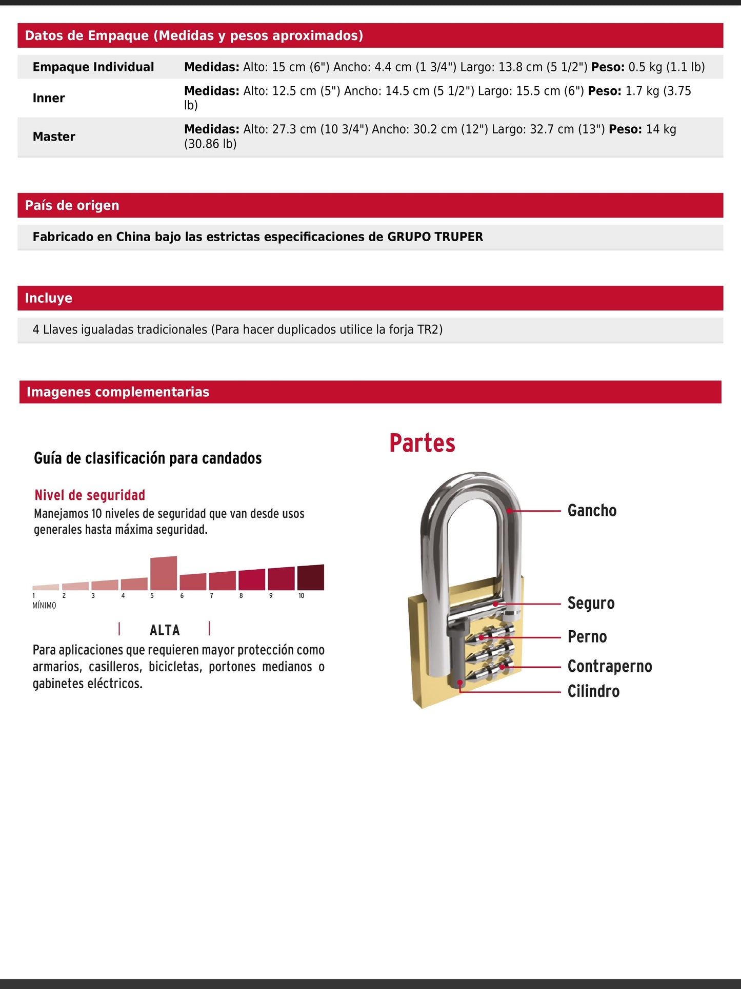 Blíster con 4 candados de latón de 40 mm con gancho corto