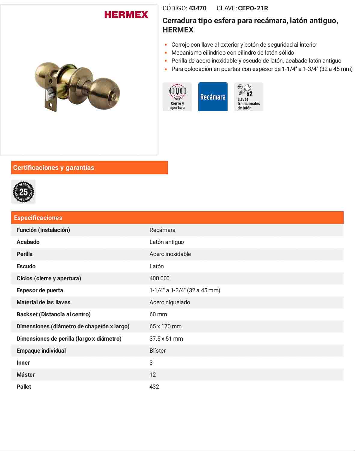 Cerradura de Esfera Dormitorio Latón Antiguo
