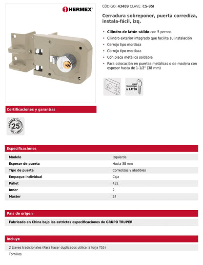 Cerradura de sobreponer instala fácil para puerta corrediza izquierda