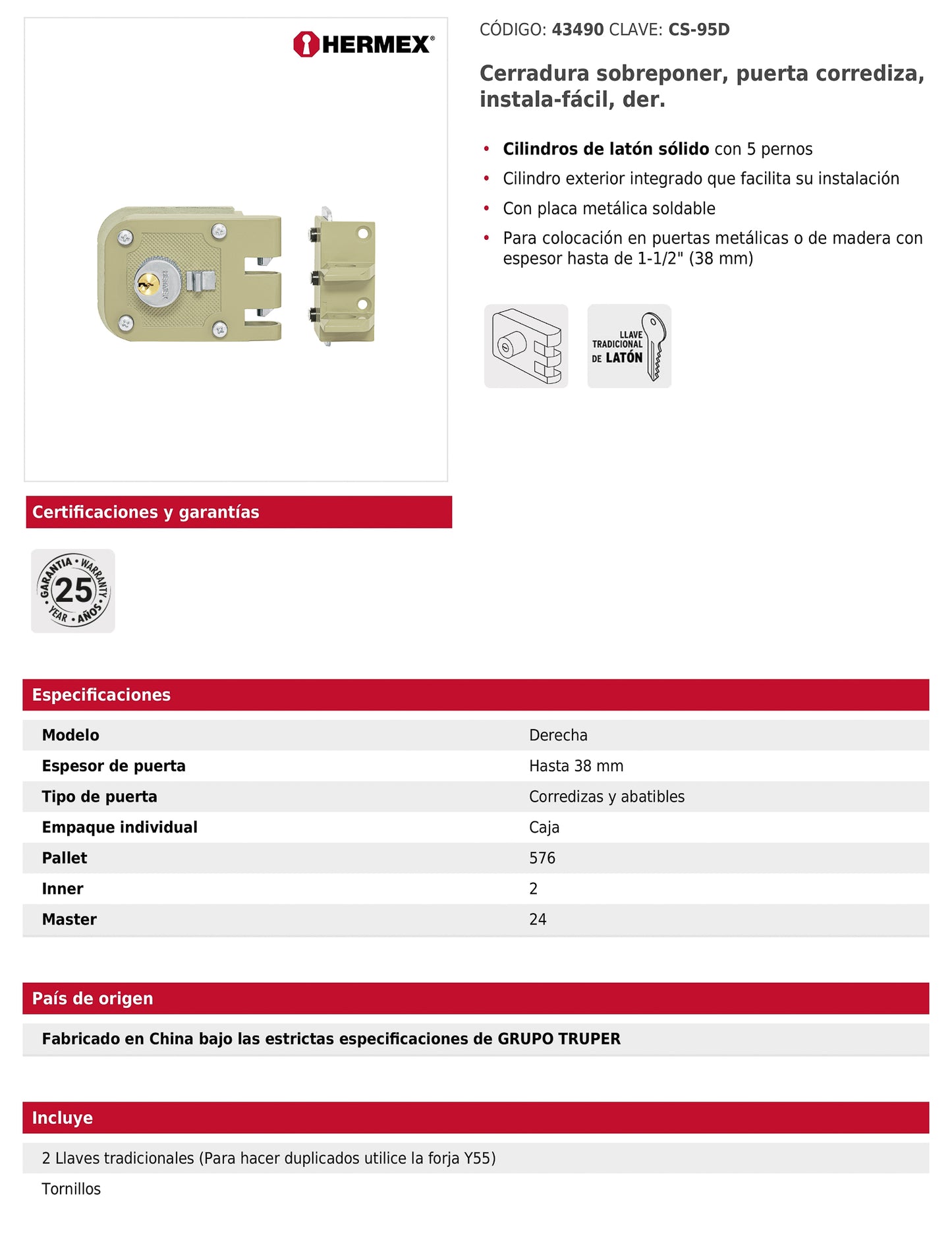 Cerradura de sobreponer instala fácil para puerta corrediza derecha