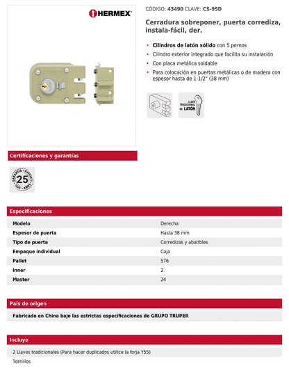 Cerradura de sobreponer instala fácil para puerta corrediza derecha
