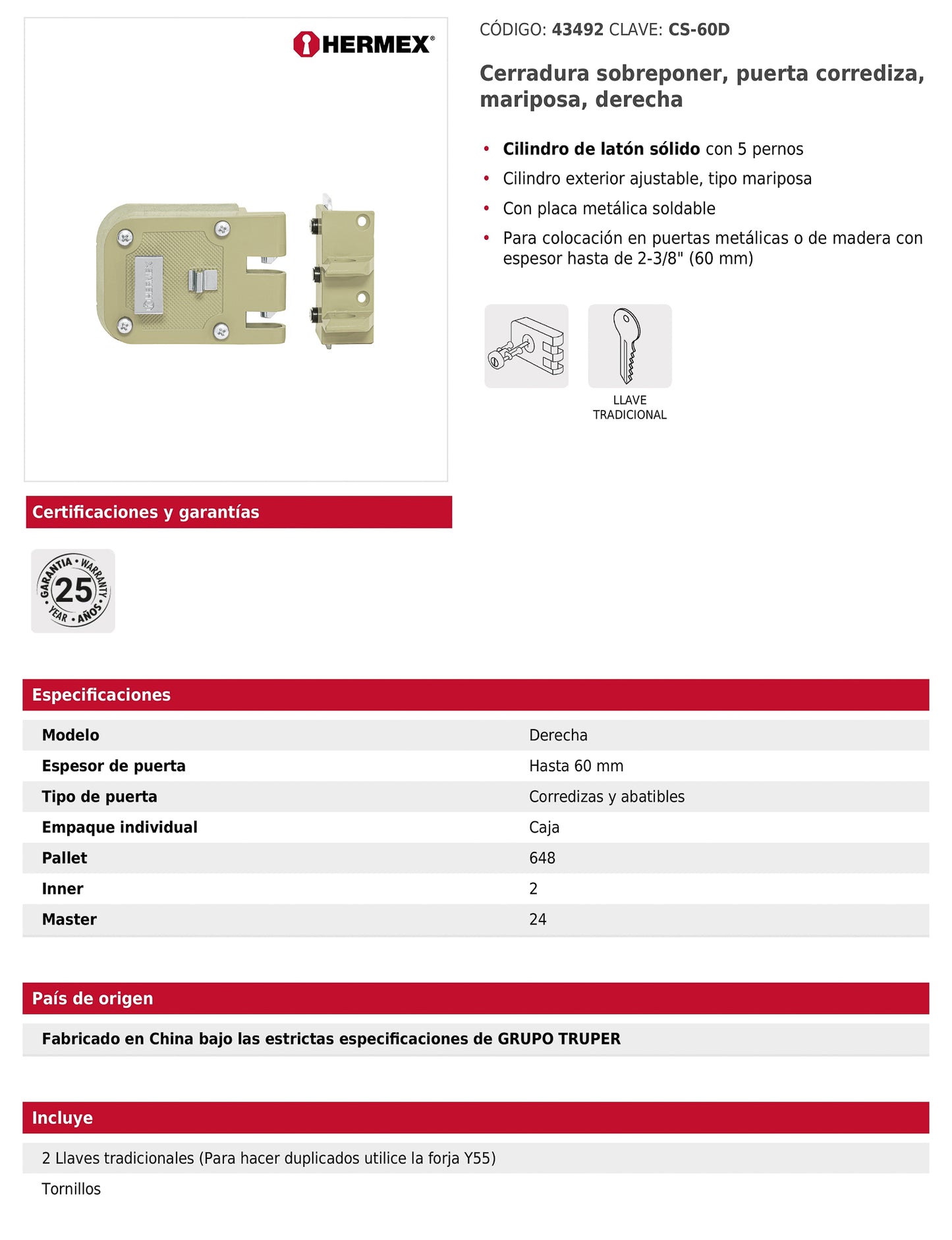 Cerradura de sobreponer para puerta corrediza con mariposa derecha