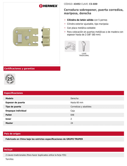 Cerradura de sobreponer para puerta corrediza con mariposa derecha