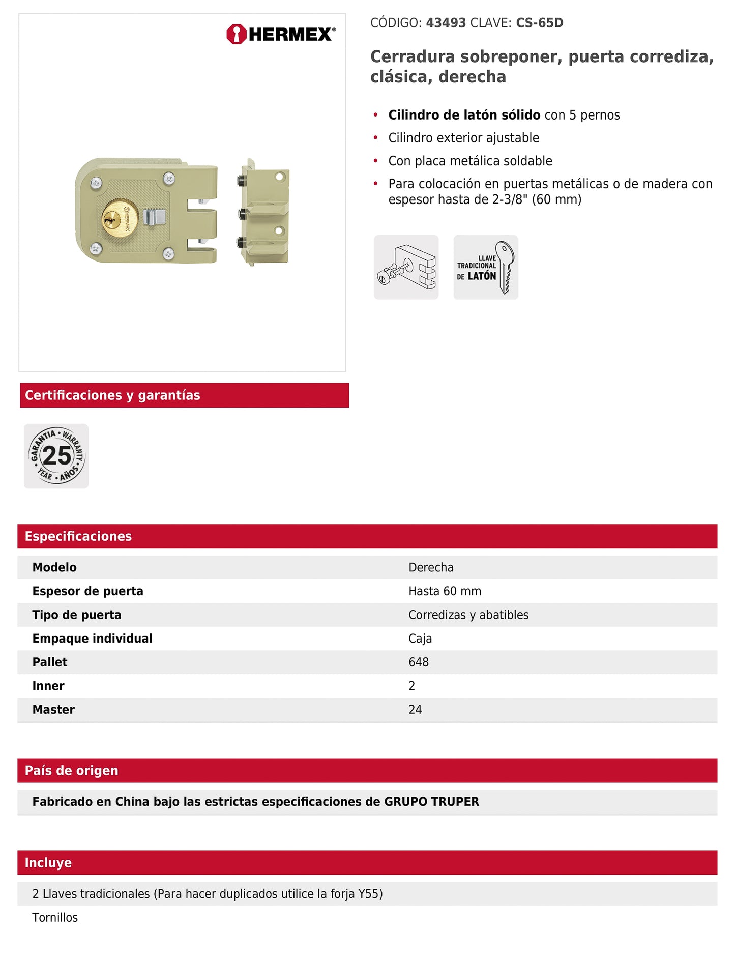Cerradura de sobreponer para puerta corrediza clásica derecha
