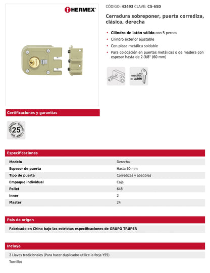 Cerradura de sobreponer para puerta corrediza clásica derecha