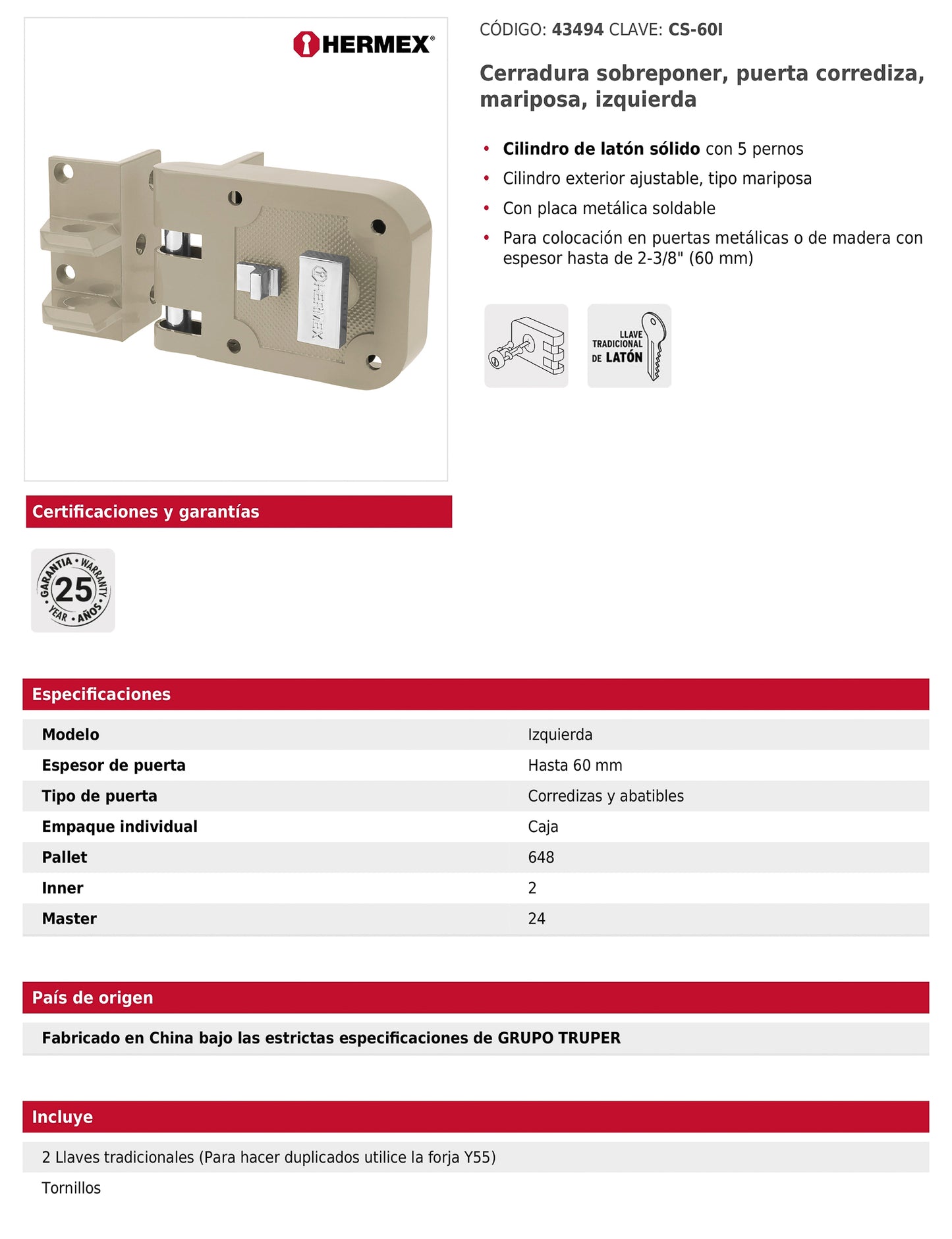 Cerradura de sobreponer para puerta corrediza con mariposa izquierda
