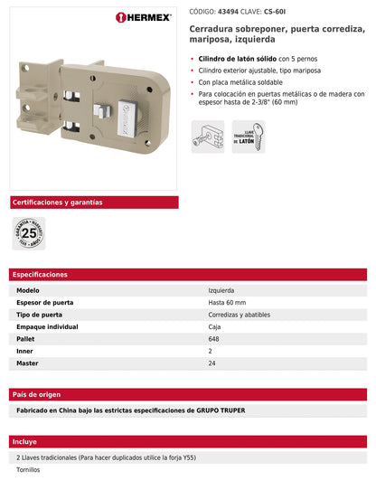 Cerradura de sobreponer para puerta corrediza con mariposa izquierda