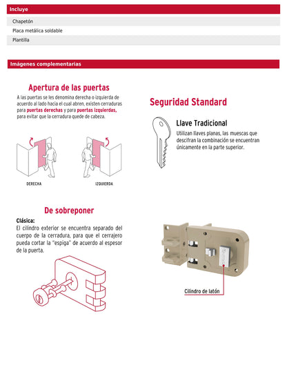 Cerradura de sobreponer para puerta corrediza con mariposa izquierda